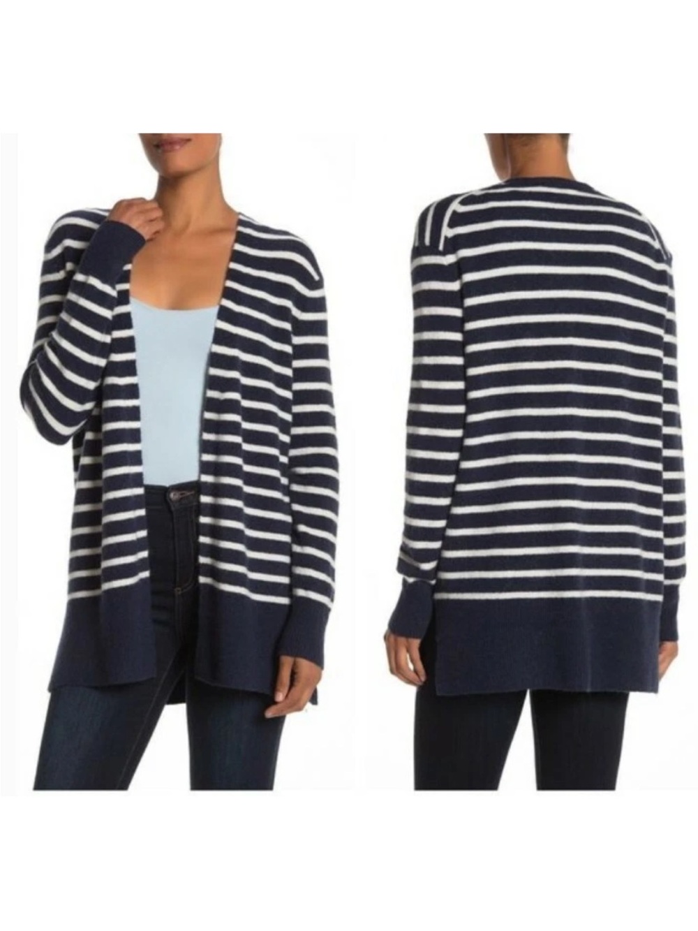 Madewell Size M Wool Blend Dark Nightfall Striped Cardigan Sweater Open Front